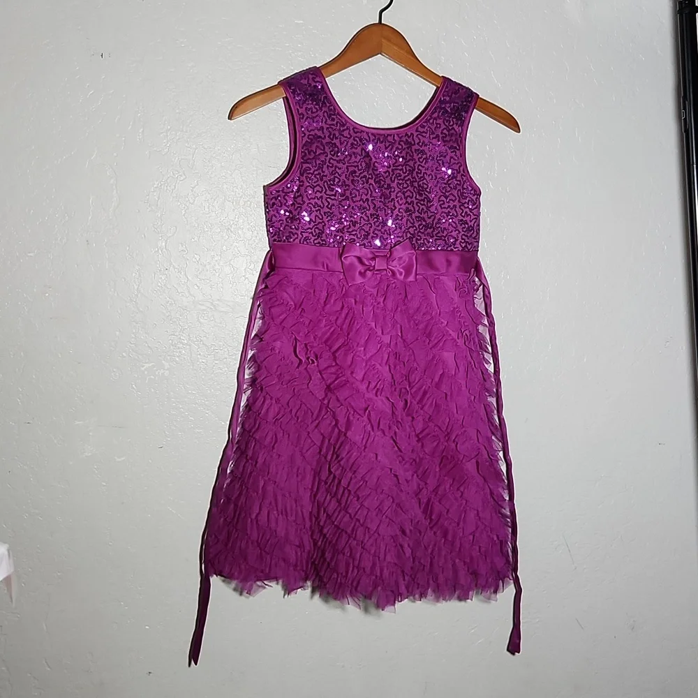 Elegant Fushia Sequin Empire Waist Ruffle Sleeveless Dress Girls 10